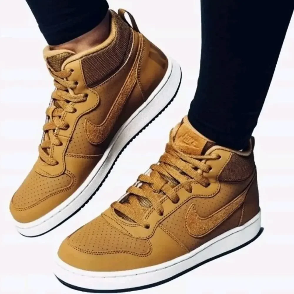 Nike Youth 4Y Court Borough Mid GS Wheat/Gold Athletic Hi-top B-ball Sneakers